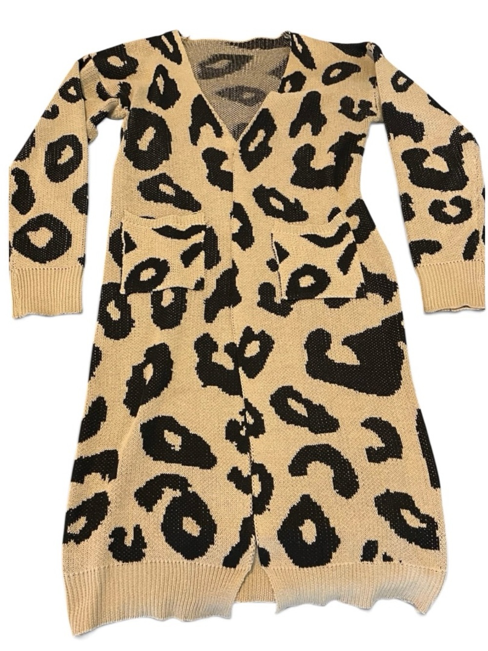 Leopard Print Longline Open Front Cardigan Sweater Small Cozy Knit Duster